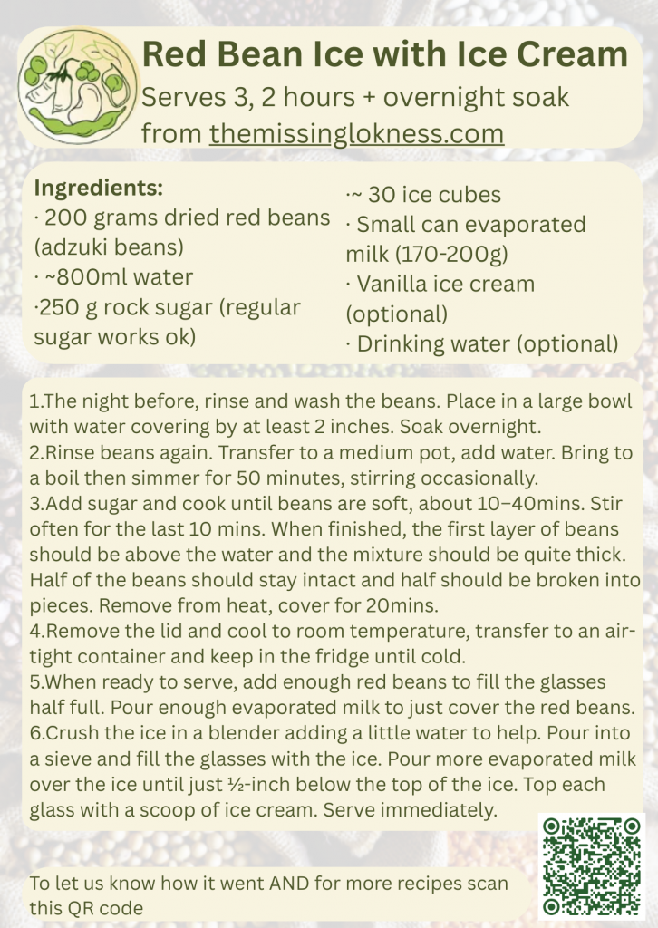 Recipe card for Red Bean Ice with Ice Cream, including adzuki beans, evaporated milk, crushed ice, and vanilla ice cream, with step-by-step instructions for soaking, cooking, chilling, and assembling the dessert.

Serves 3, 2 hours + overnight soak
from themissinglokness.com

Ingredients: 
1. 30 ice cubes
2. 200 grams dried red beans (adzuki beans)
3. Small can evaporated milk (170-200g)
4. 800ml water 
5. Vanilla ice cream (optional)
6. 250 g rock sugar (regular sugar works ok)
7. Drinking water (optional)

Instructions: 
1.The night before, rinse and wash the beans. Place in a large bowl with water covering by at least 2 inches. Soak overnight.
2.Rinse beans again. Transfer to a medium pot, add water. Bring to a boil then simmer for 50 minutes, stirring occasionally.
3.Add sugar and cook until beans are soft, about 10-40mins. Stir often for the last 10 mins. When finished, the first layer of beans should be above the water and the mixture should be quite thick. Half of the beans should stay intact and half should be broken into pieces. Remove from heat, cover for 20mins.
4.Remove the lid and cool to room temperature, transfer to an air- tight container and keep in the fridge until cold.
5.When ready to serve, add enough red beans to fill the glasses half full. Pour enough evaporated milk to just cover the red beans.
6.Crush the ice in a blender adding a little water to help. Pour into a sieve and fill the glasses with the ice. Pour more evaporated milk over the ice until just 1/2inch below the top of the ice. Top each glass with a scoop of ice cream. Serve immediately.