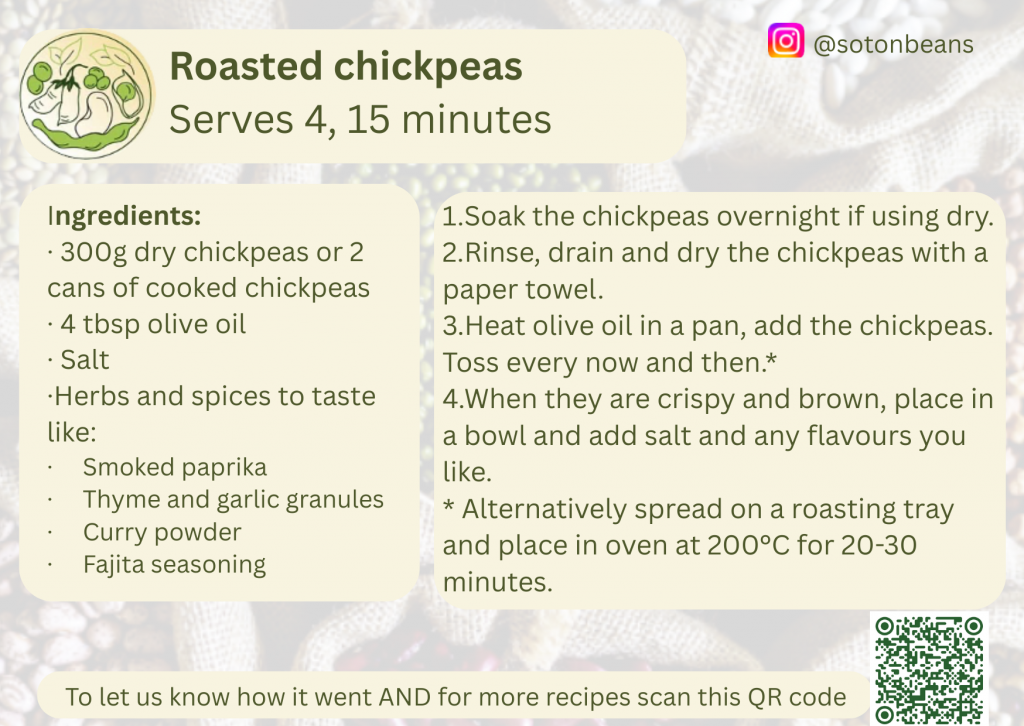 Recipe for roasted chickpeas with olive oil and spices. Includes pan and oven instructions.

Serves 4, 15 minutes

Ingredients:
1. 300g dry chickpeas or 2 cans of cooked chickpeas
2. 4 tbsp olive oil
3. Salt
4. Herbs and spices to taste- Smoked paprika, Thyme and garlic granules, Curry powder, Fajita seasoning

Instructions:
1.Soak the chickpeas overnight if using dry.
2. Rinse, drain and dry the chickpeas with a paper towel.
3. Heat olive oil in a pan, add the chickpeas. Toss every now and then.
4. When they are crispy and brown, place in a bowl and add salt and any flavours you like.

Alternatively spread on a roasting tray
and place in oven at 200°C for 20-30
minutes.

